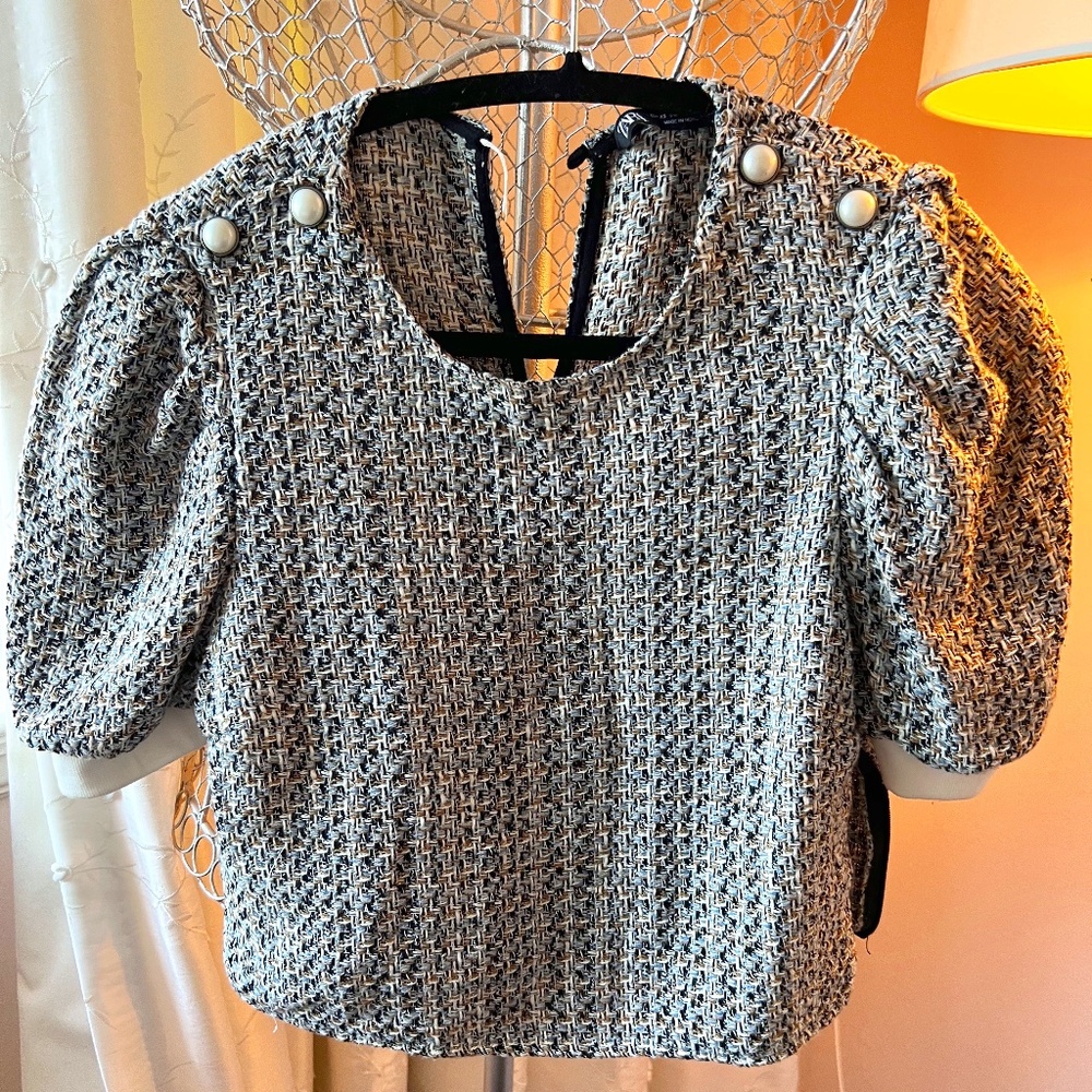 Zara Tweed Top with Pearl Buttons and Puff Sleeves